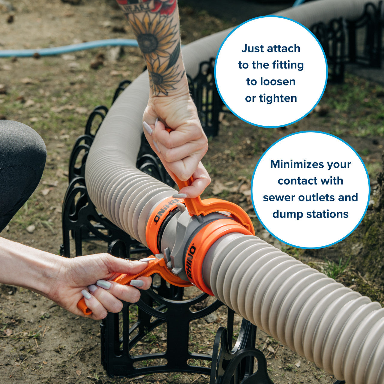 Close-up of the Rhino Sewer Fitting Wrench in action, disconnecting a sewer hose fitting.