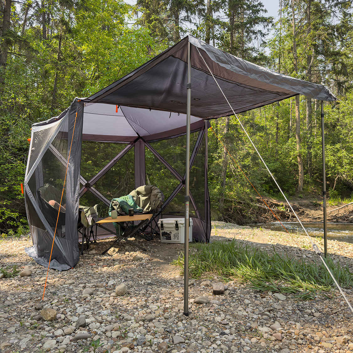Camping shelter with carry bag, guylines, and pegs included

