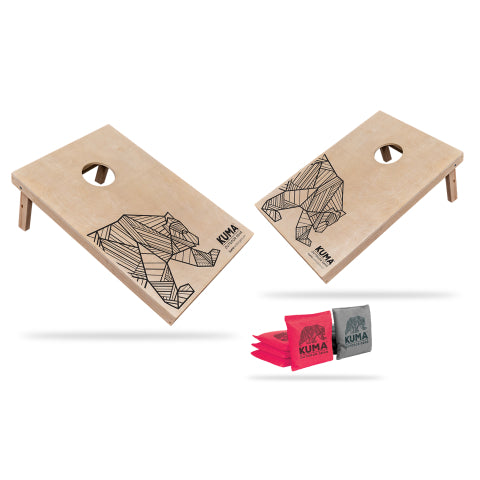 Outdoor Bear Toss bean bag game with two varnished pine wood plywood platforms and colorful bean bags