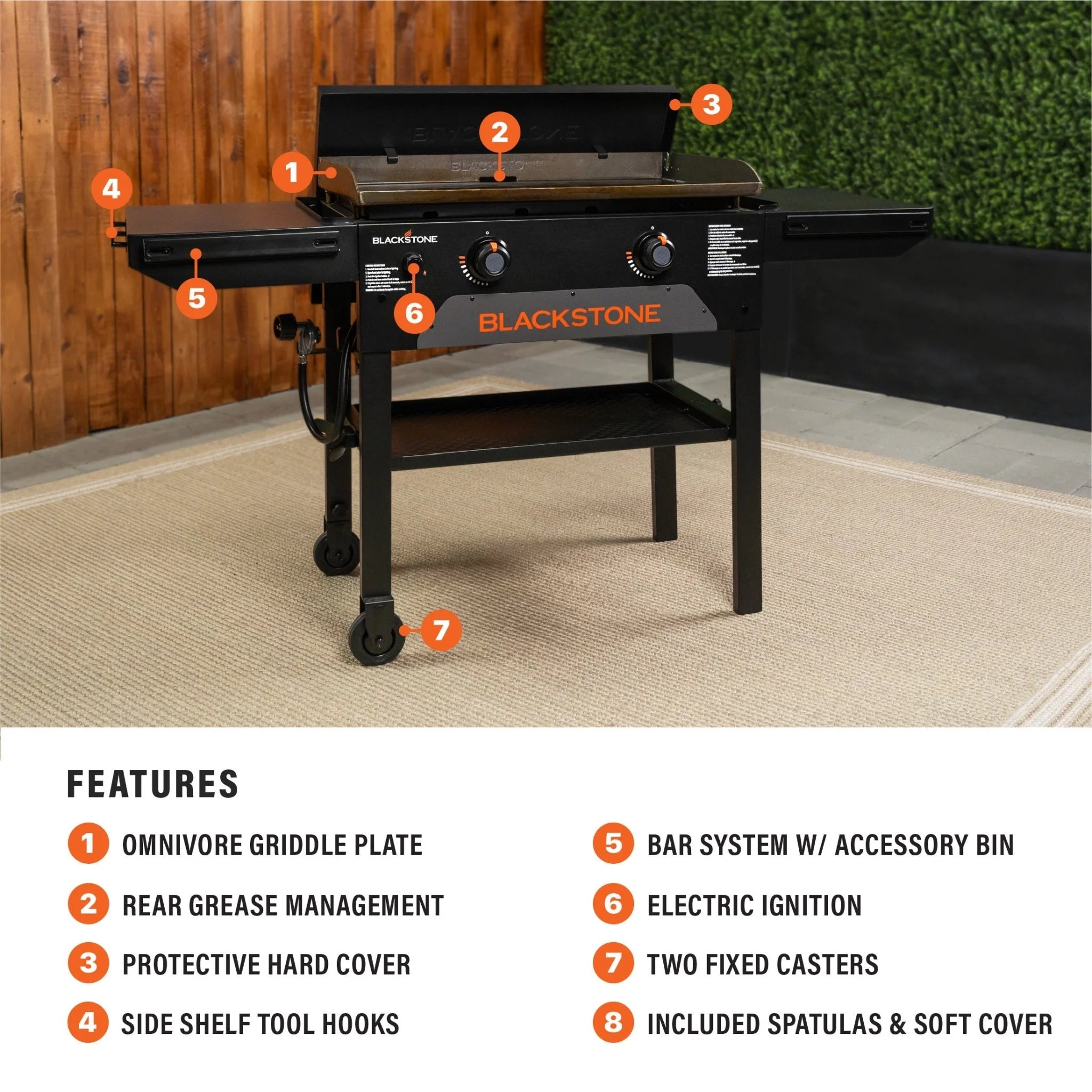 Patented rear grease management system for easy cleanup on Blackstone 28 Omnivore Griddle