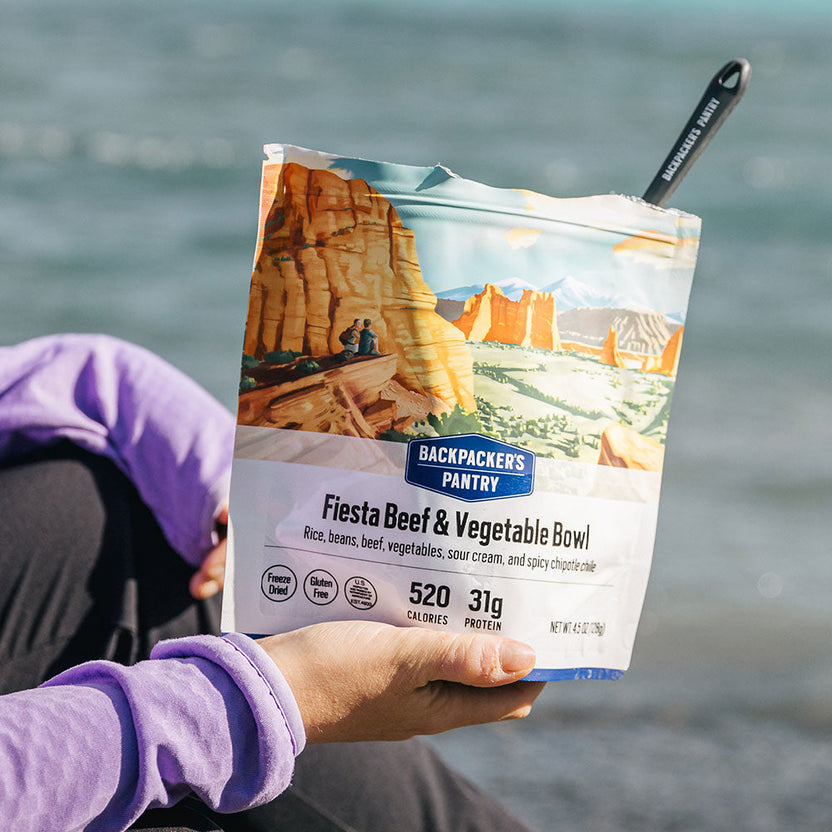Tex-Mex Fiesta outdoor meal pouch showing rice, beef, beans, vegetables and spicy Hatch green chiles