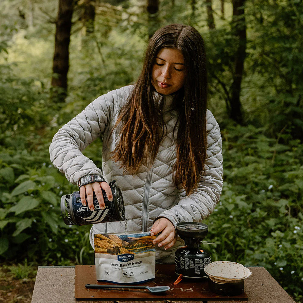 Protein-packed camping breakfast meal with scrambled eggs