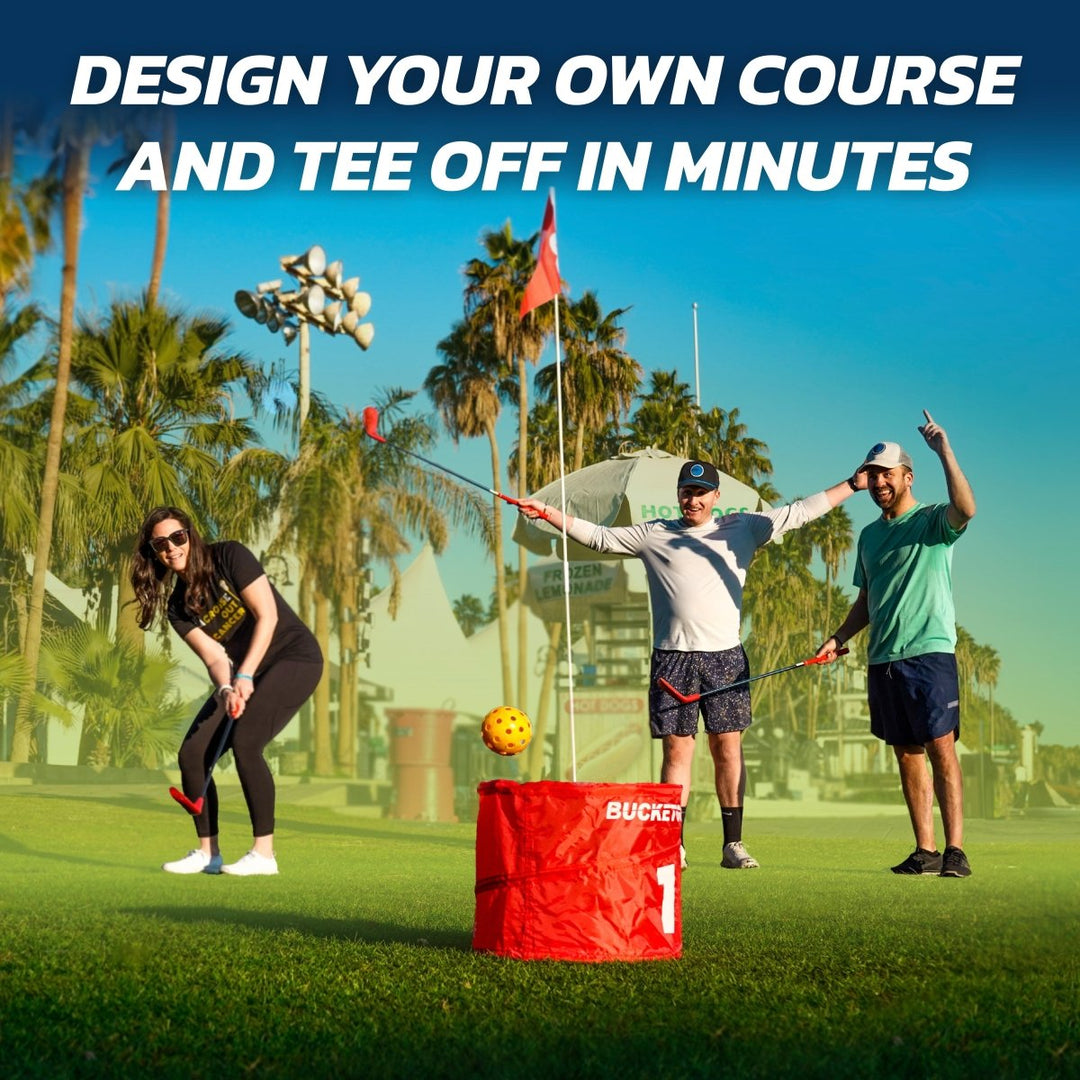 BucketGolf player teeing off on a custom backyard par 3 course