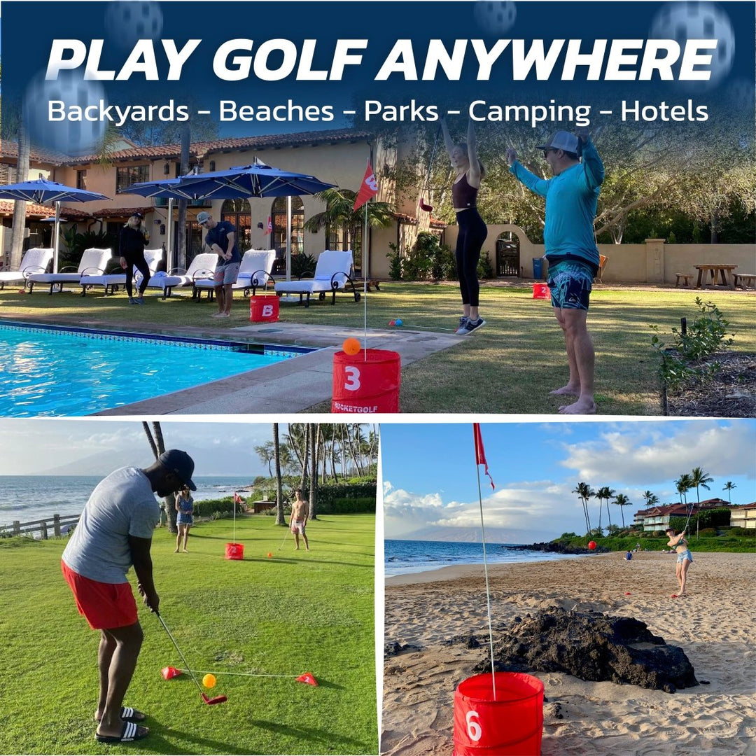 BucketGolf backyard golf game with standard-size clubs and custom golf balls