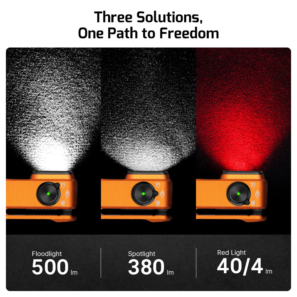 Olight Oclip Pro Orange flashlight showing its three LED lenses