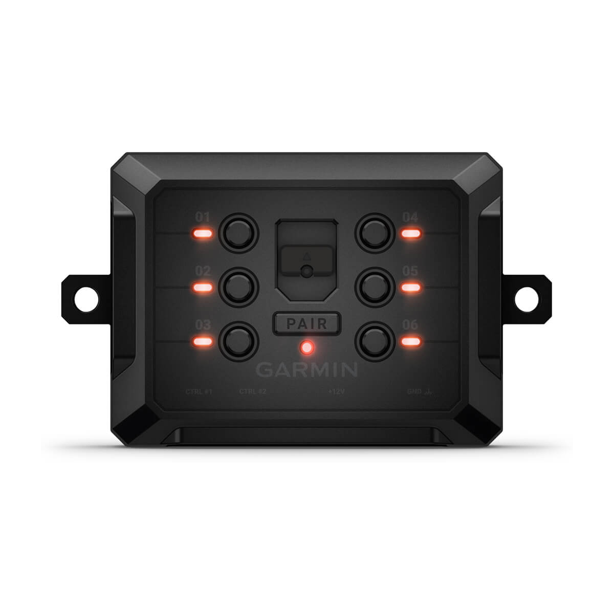 A compact, rugged black box with a sleek, minimalistic design, measuring approximately 4.9 inches in width, 1.3 inches in height, and 3 inches in depth. The Garmin PowerSwitch™ digital switch box features six labeled outputs and two hardwire inputs on one side for controlling 12-volt vehicle accessories. Its surface has a smooth finish, and it is designed to be weather-resistant with an IPX7 rating, making it durable for various outdoor condition