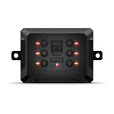 A compact, rugged black box with a sleek, minimalistic design, measuring approximately 4.9 inches in width, 1.3 inches in height, and 3 inches in depth. The Garmin PowerSwitch™ digital switch box features six labeled outputs and two hardwire inputs on one side for controlling 12-volt vehicle accessories. Its surface has a smooth finish, and it is designed to be weather-resistant with an IPX7 rating, making it durable for various outdoor condition