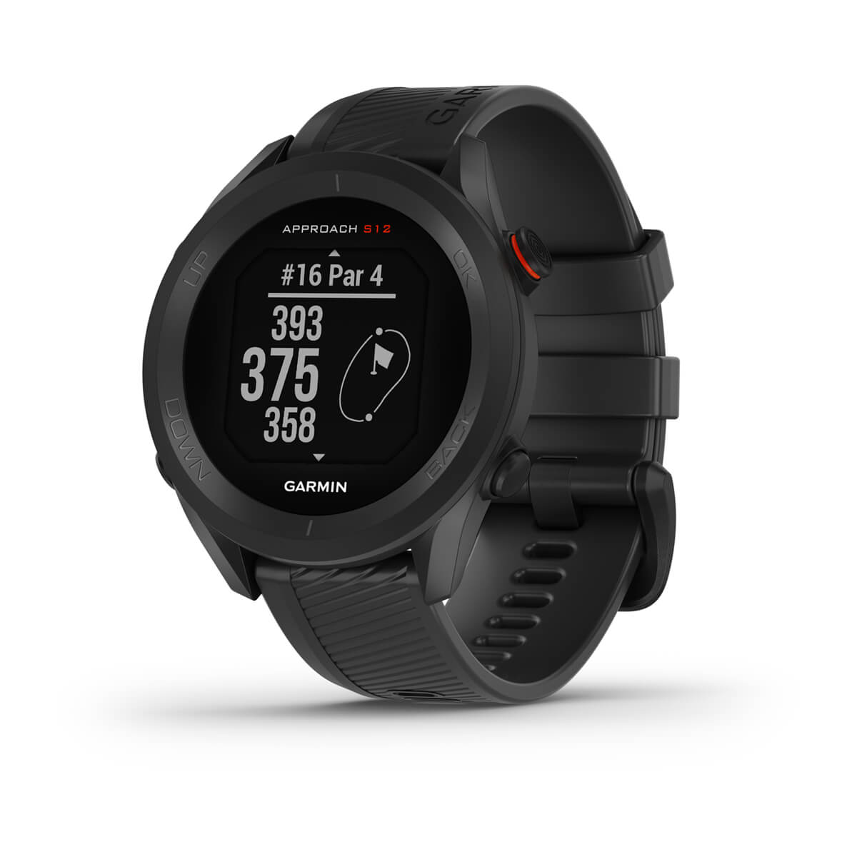 Garmin Approach S12 golf watch with sunlight-readable display and 42,000 preloaded courses.