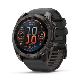 A sleek fēnix® 8 multisport GPS smartwatch displayed, featuring a large 1.4" bright AMOLED screen with a scratch-resistant sapphire lens. The watch is encased in a durable titanium bezel, with visible rugged buttons on the side and a built-in LED flashlight for night visibility.