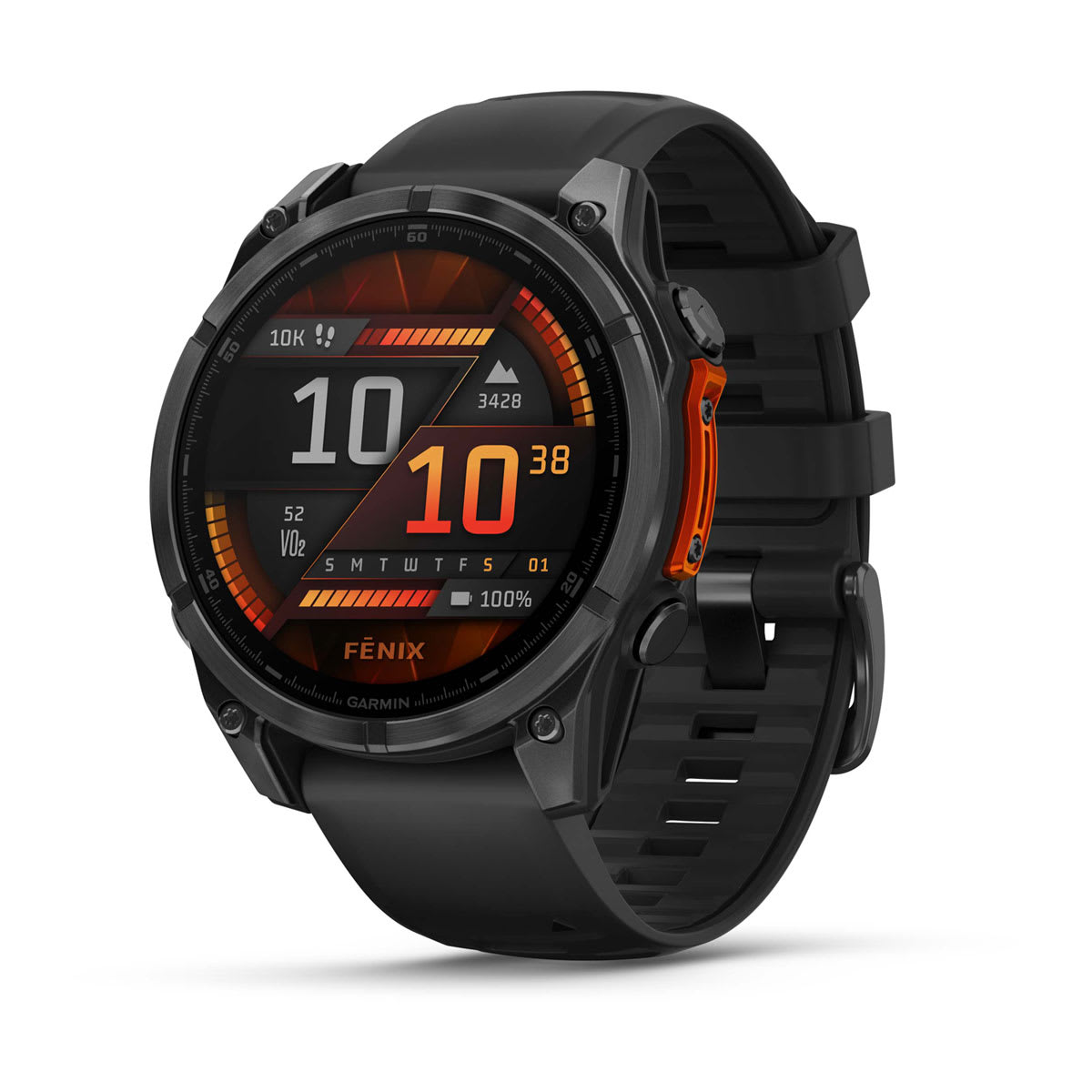 A close-up image of the Garmin fēnix® 8 multisport GPS smartwatch with a round, bright 1.4" AMOLED display, stainless steel bezel, and sleek, rugged design.