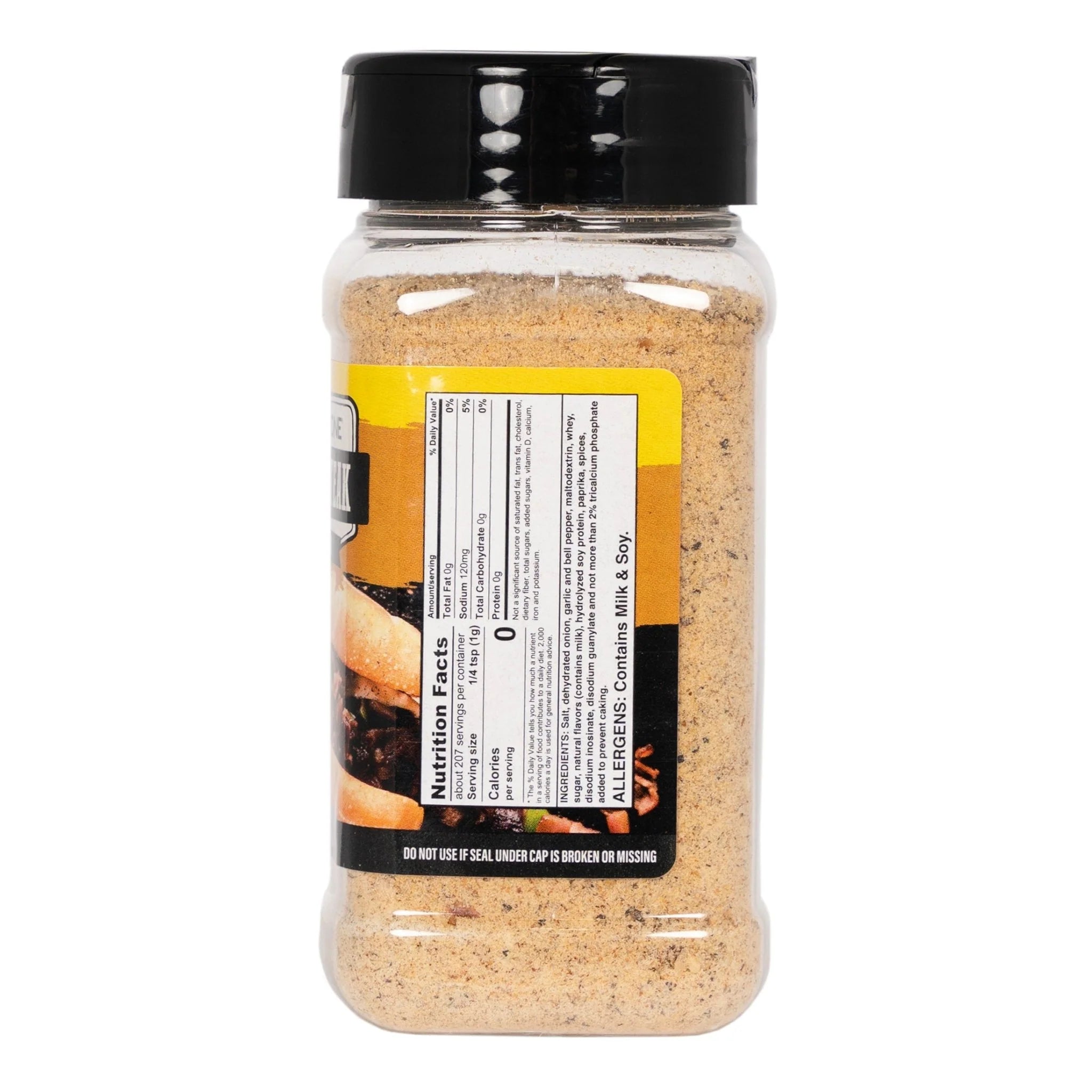 Ingredient and nutrition label on Blackstone Cheesesteak Seasoning bottle