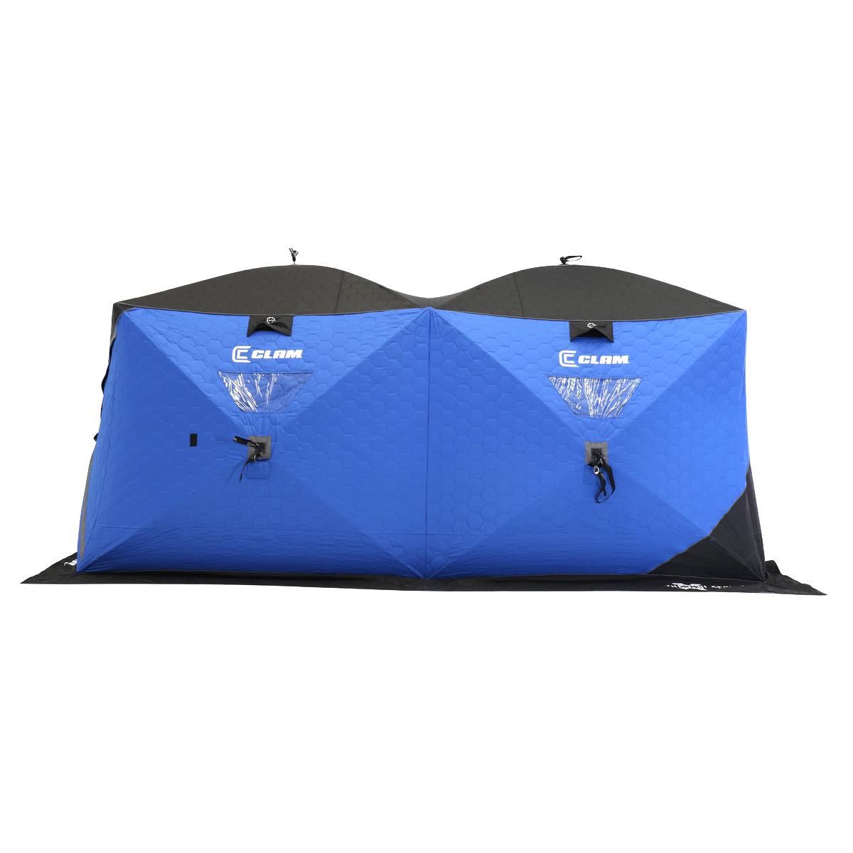 Large ice fishing hub shelter designed for groups with durable 900 denier fabric