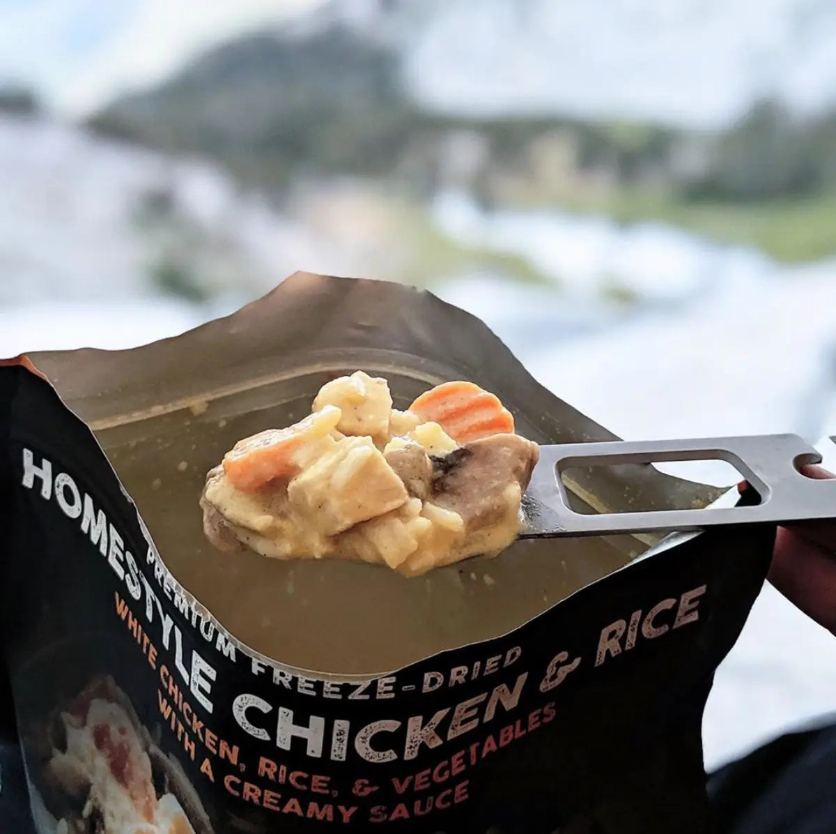 Freeze dried chicken and rice camping food with vegetables and sauce