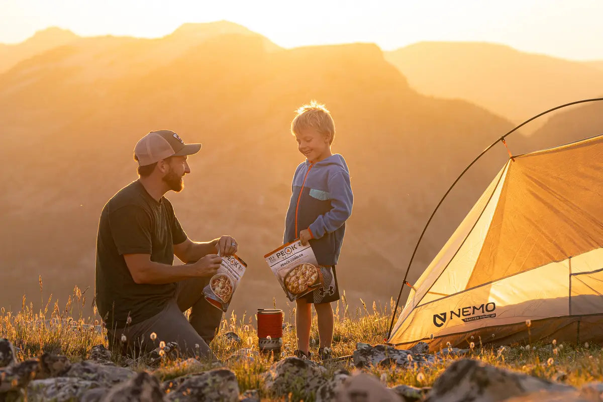 Backpacking dessert peach cobbler ready with hot water

