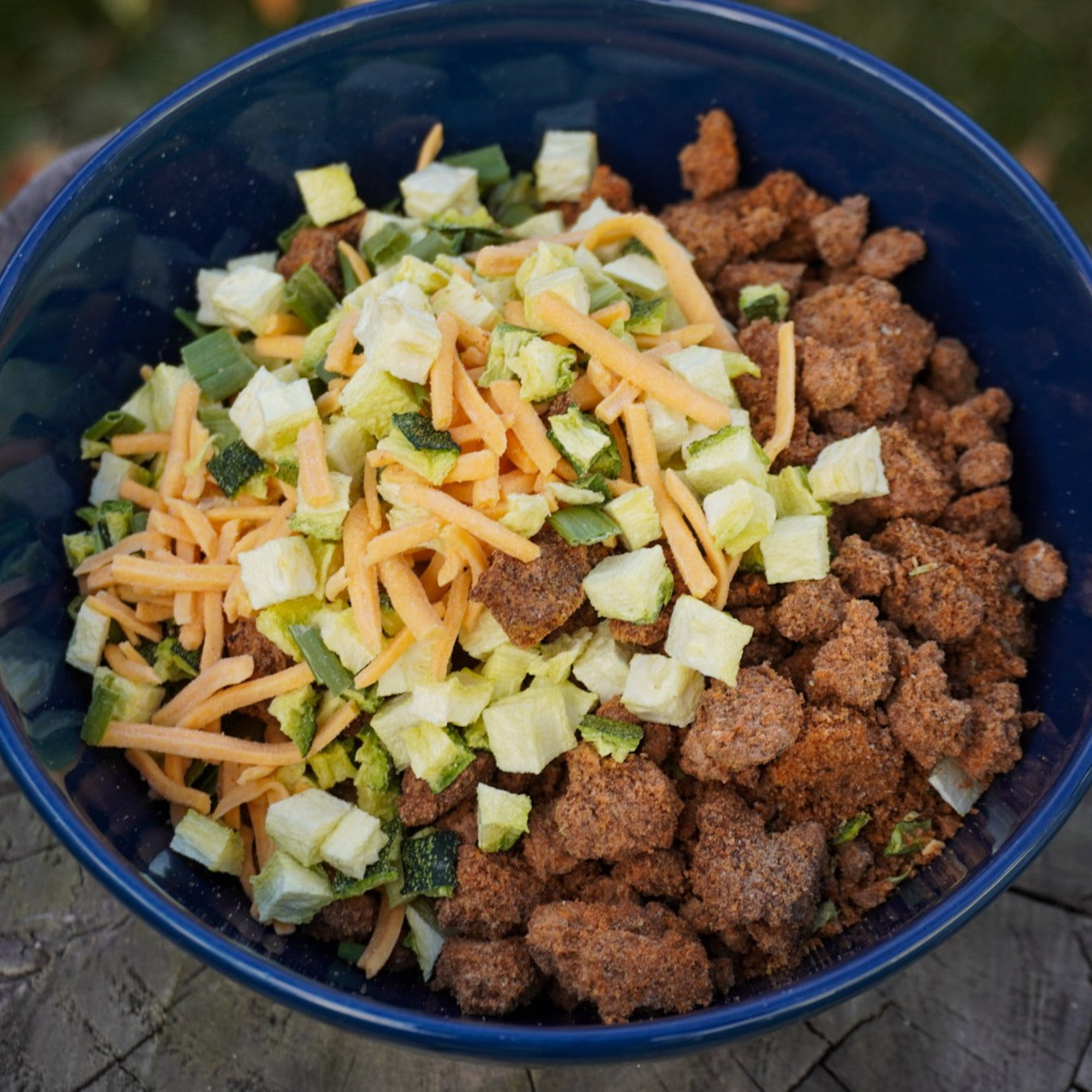 Freeze-dried beef chili meal with cheddar cheese and zucchini in pouch