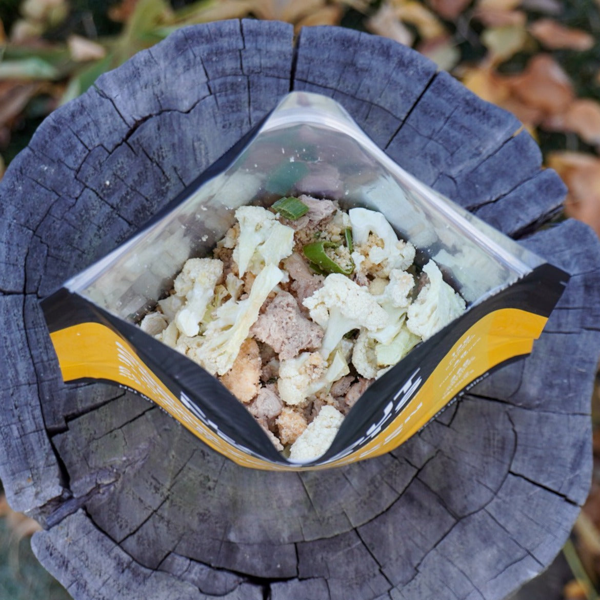 Freeze-dried chicken cauliflower casserole with bacon and cheese sauce