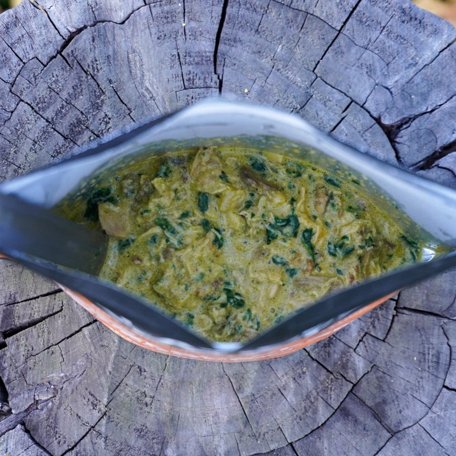 Freeze-dried chicken casserole with mushrooms spinach and three cheeses