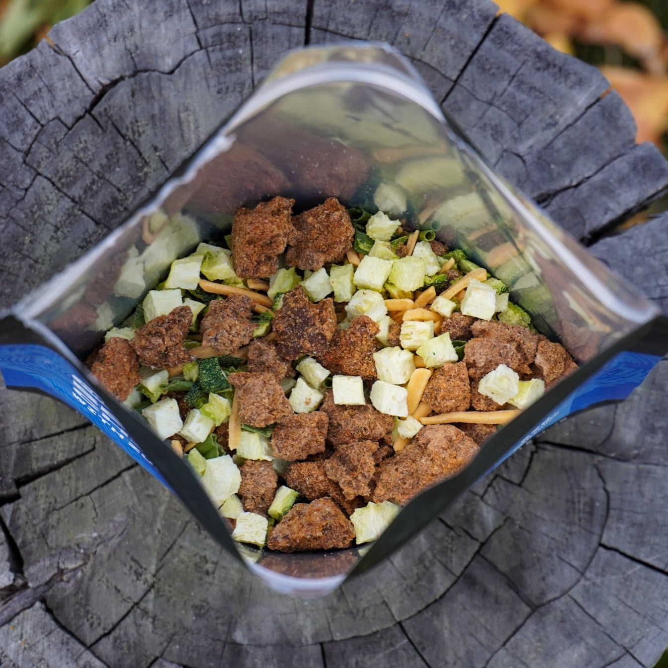 High-protein freeze-dried beef chili with zucchini and cheddar camping meal