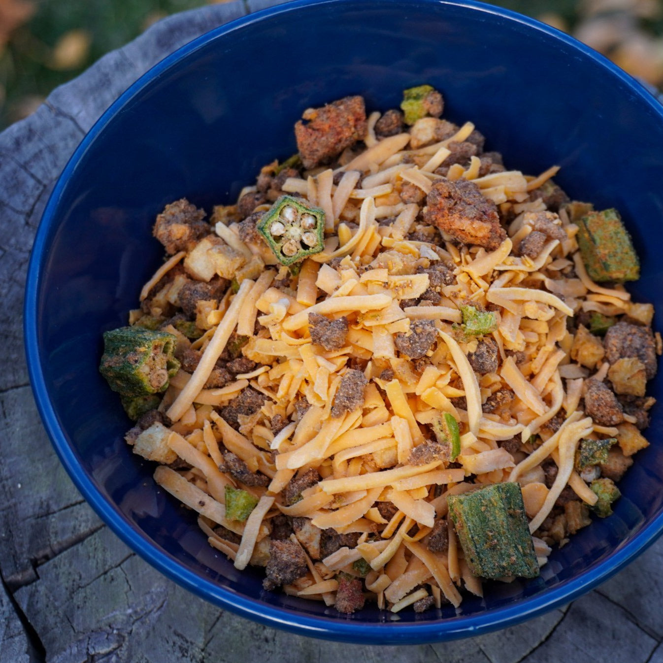 Freeze-dried beef chili meal with cheddar cheese and zucchini in pouch