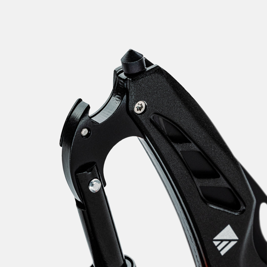 Durable carabiner tool with knife blade and opener