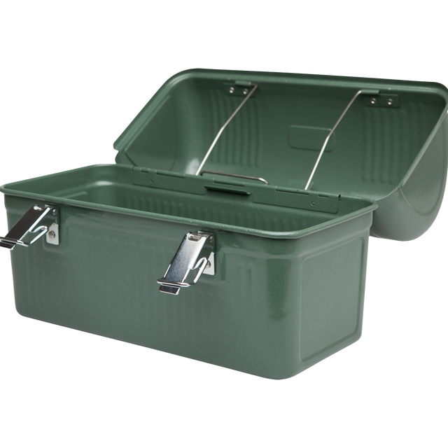 A dark green metal tool box with its lid open, showing a ribbed interior and silver metal latches