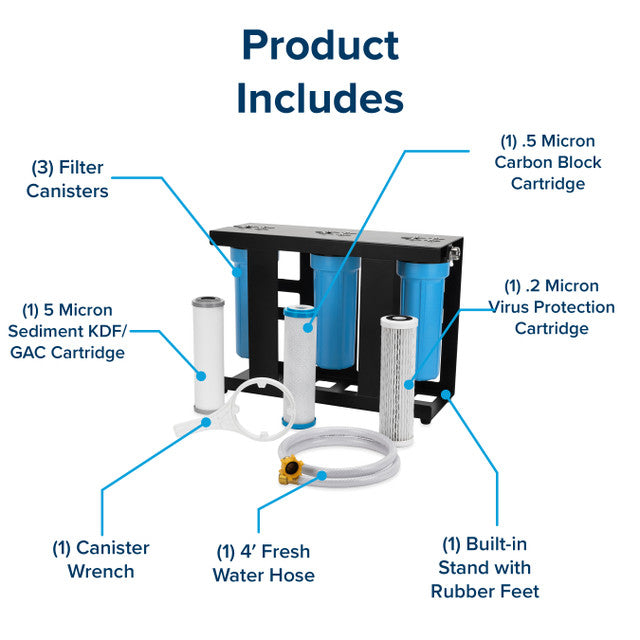 Close-up of the durable, powder-coated metal stand of the Camco Evo X3 RV Water Filter Kit, designed for stability and long-lasting outdoor use.