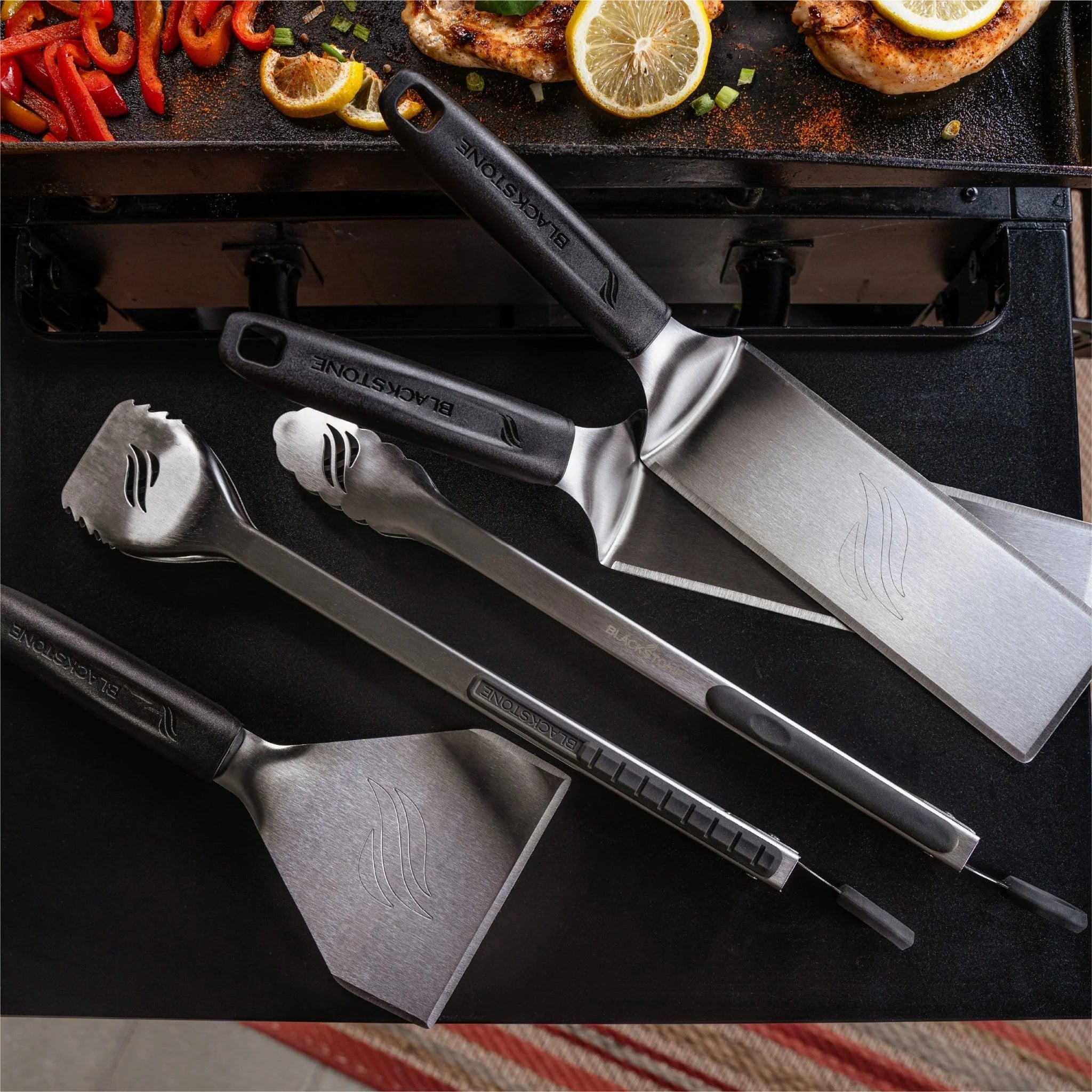 Blackstone griddle cooking tool kit with heat resistant spatulas and tongs