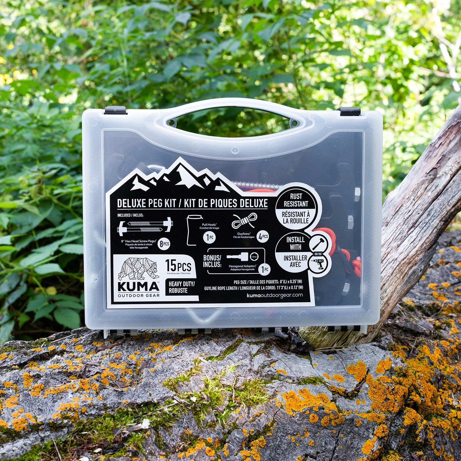 Camping peg kit with drill bit and peg extractor