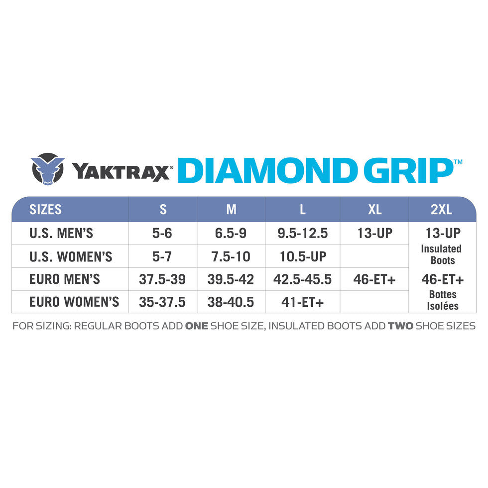 Yaktrax Diamond Grip size chart on a white background