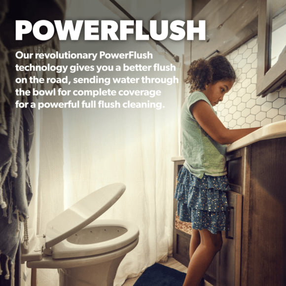 Vitreous Ceramic Bowl: Focused image on the deep, 100% vitreous ceramic bowl of the Dometic 320 toilet, emphasizing durability and cleanliness.