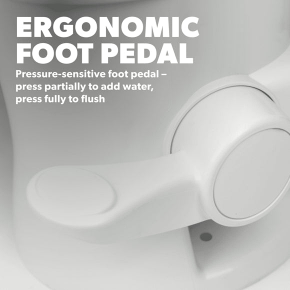 Dometic 320 toilet’s foot pedal for easy water addition and flushing.