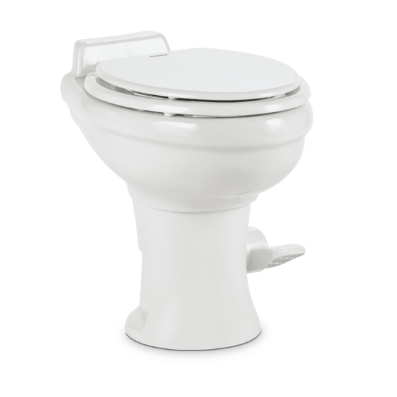 Dometic 320 Series RV Toilet: Image of the Dometic 320 Series Gravity-Flush RV Toilet showcasing its elongated ceramic bowl and enameled wood seat