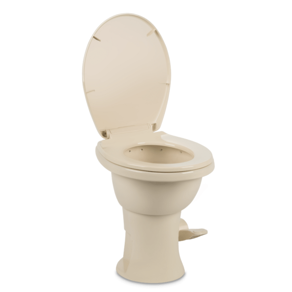 Dometic bone RV toilet with soft-close seat and foot pedal flush