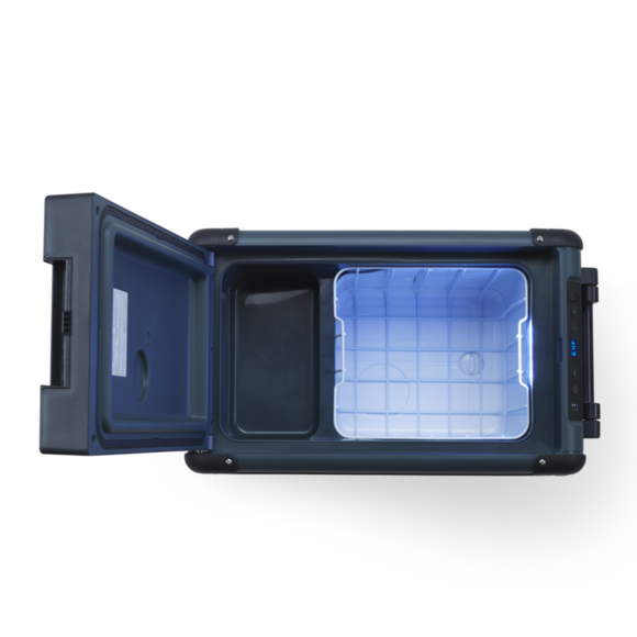 Interior of Dometic CFX2 28L electric cooler showing removable wire basket and LED light