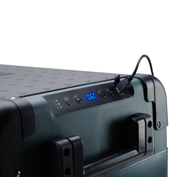 Side view of CFX2 57L electric cooler with folding ABS handles and reinforced corners

