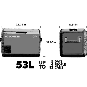 The spacious interior of the Dometic CFX3 55IM cooler, showcasing a generous storage capacity of 53 liters, enough to fit 83 cans. The compartment design includes a removable wire divider for flexible organization