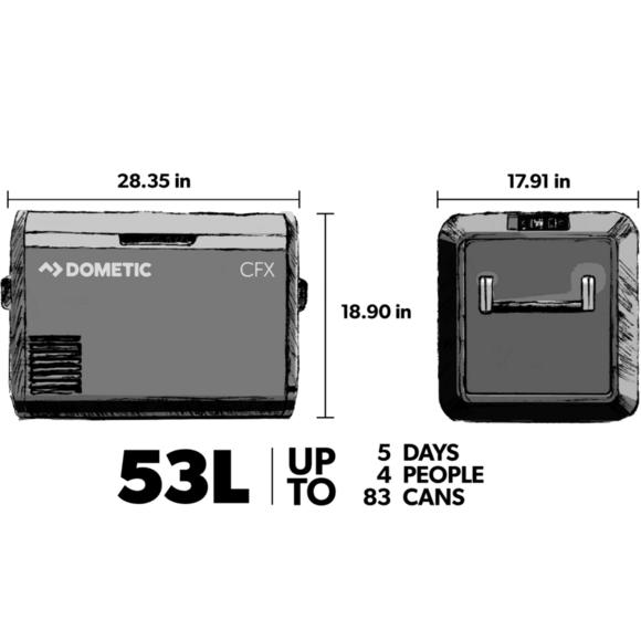 The spacious interior of the Dometic CFX3 55IM cooler, showcasing a generous storage capacity of 53 liters, enough to fit 83 cans. The compartment design includes a removable wire divider for flexible organization