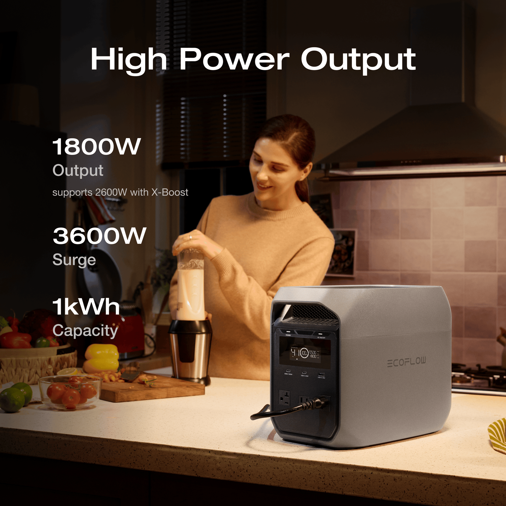 Portable EcoFlow battery generator with whisper-quiet 30dB operation for indoor use, RV trips, and emergency backup.