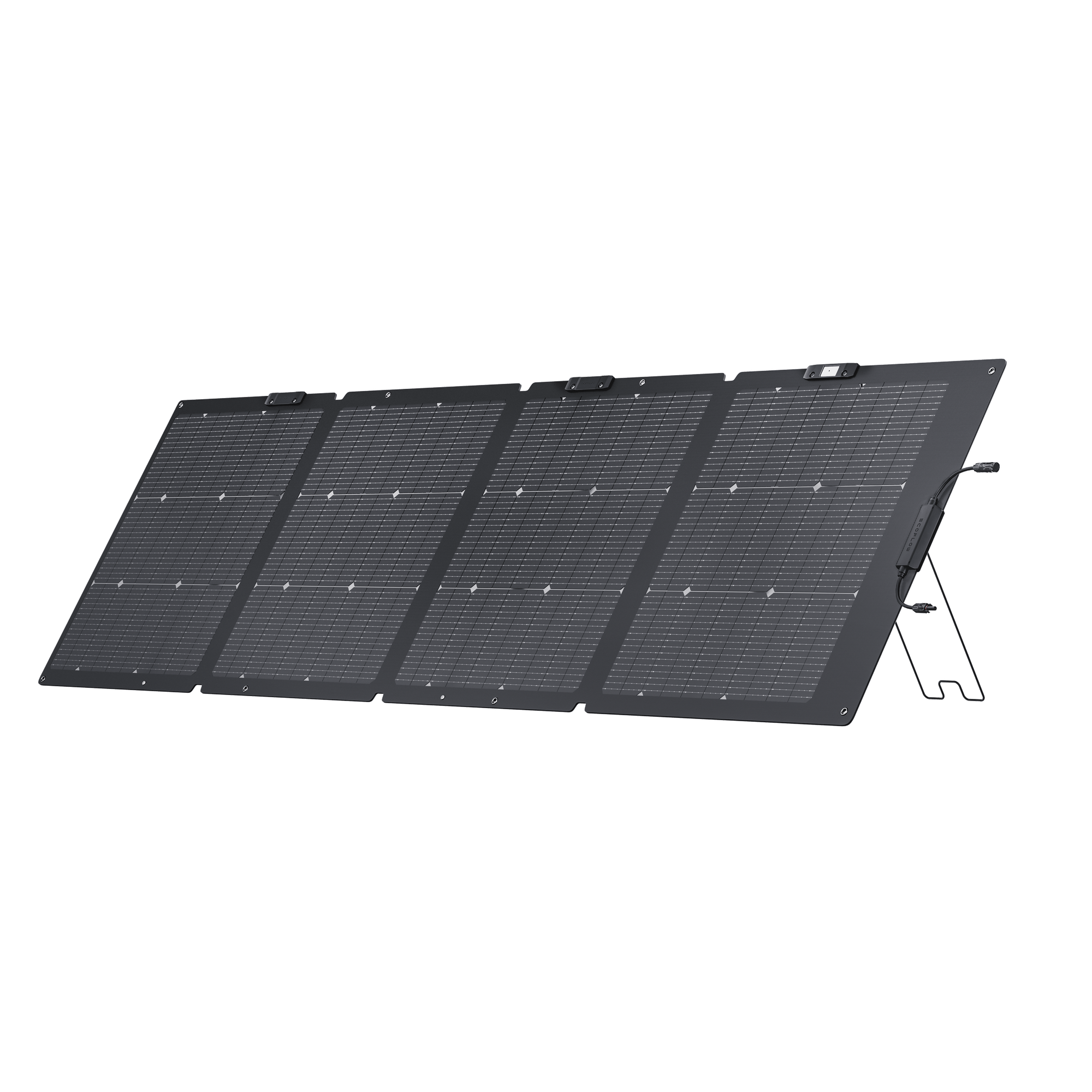 EcoFlow 220W bifacial portable solar panel unfolded outdoors with dual-sided solar charging design and integrated kickstand carry case.