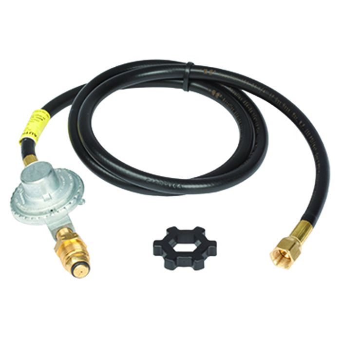Gas connector kit with hose, nozzle, and fitting on a white background
