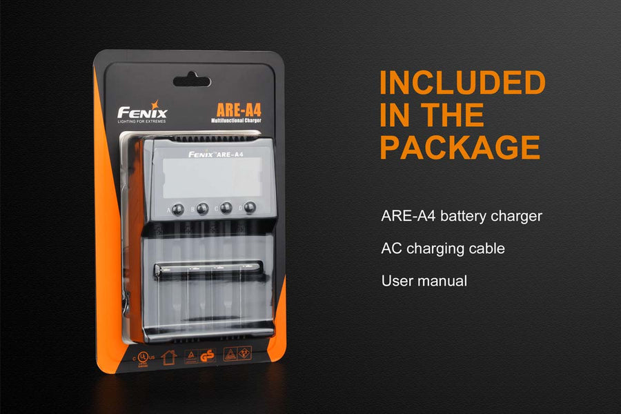 Fenix ARE-A4 charger in use charging four batteries simultaneously
