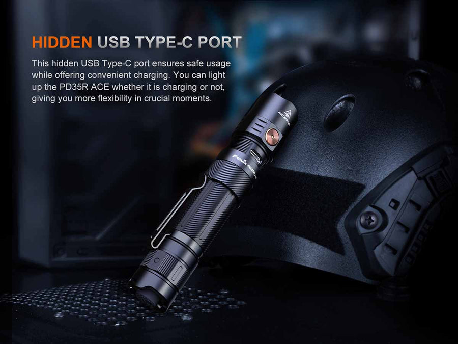Fenix PD35R ACE flashlight with hidden USB-C charging port