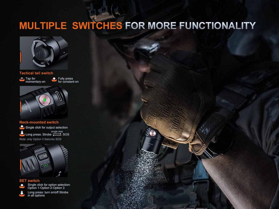 Fenix PD35R ACE tactical light with anti-roll aluminum body design