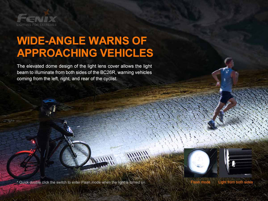 Diagram showing the Fenix BC26R bike light's quick-release mount fitting handlebars sized between 28mm and 35mm