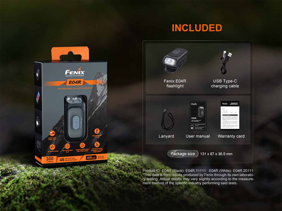 Fenix E04R flashlight packaging with included items displayed on a dark background.
