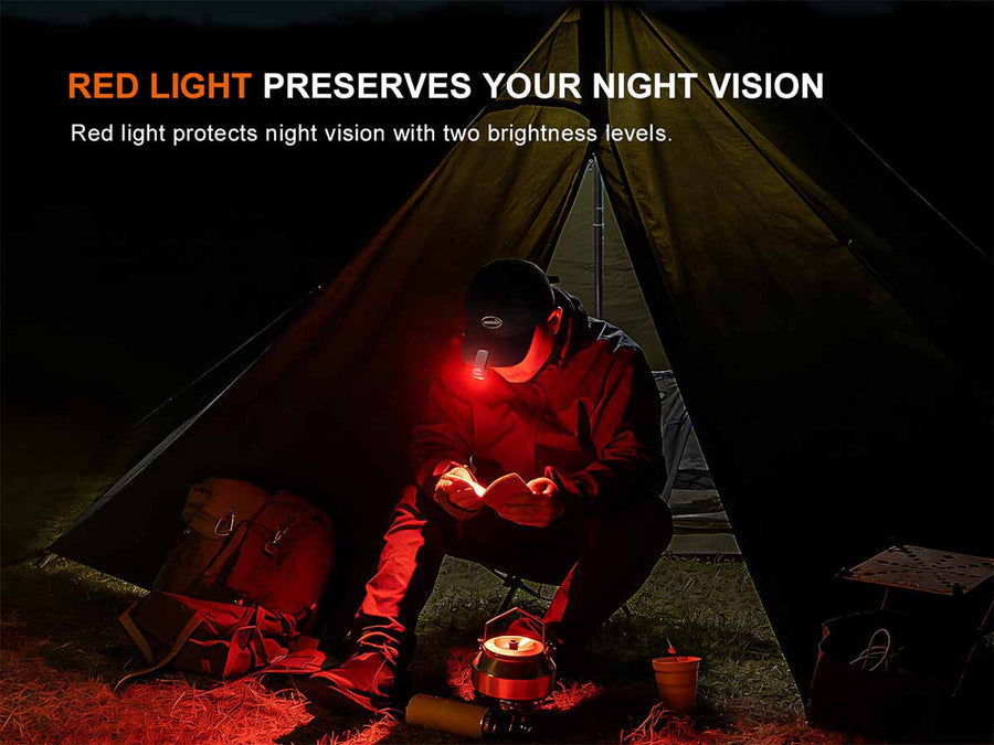 Person camping at night with red light headlamp and lantern, text about red light preserving night vision.
