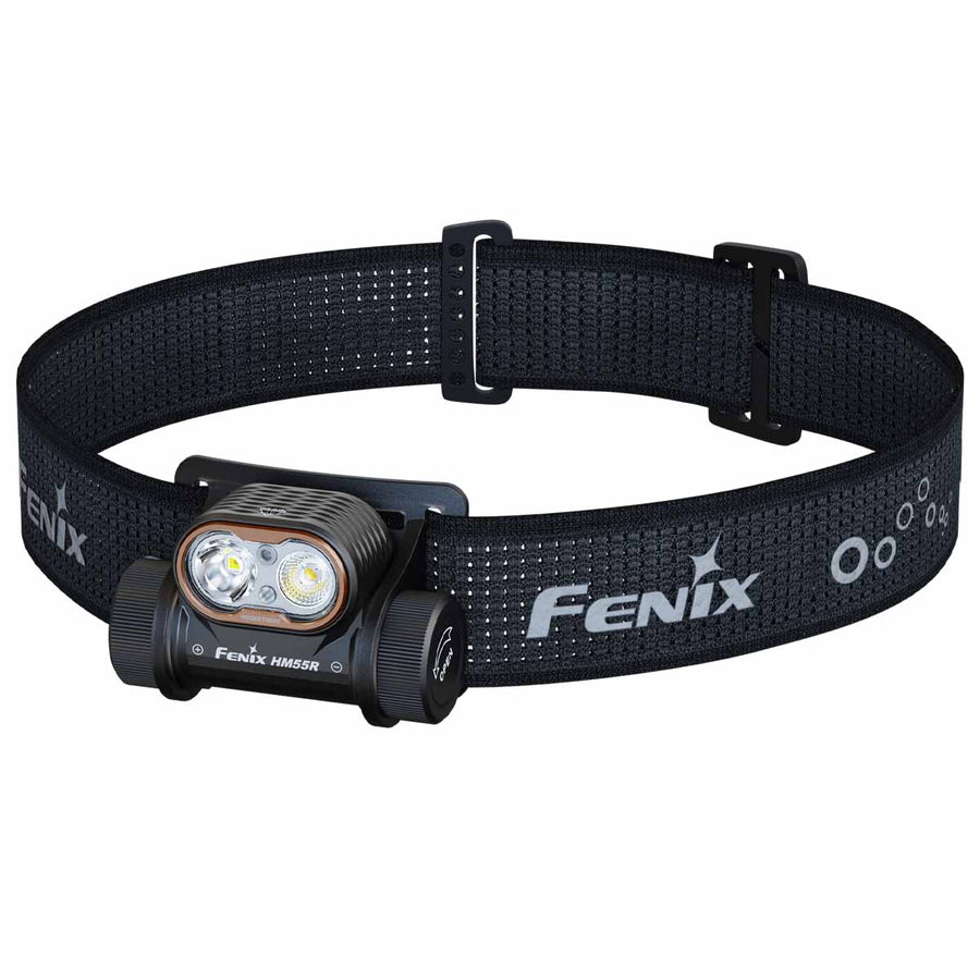Front view of Fenix HM55R rechargeable headlamp showing the LED lens and headband