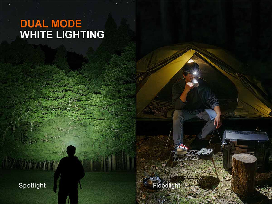 Fenix HM55R spotlight beam illuminating dark trail — high output mode