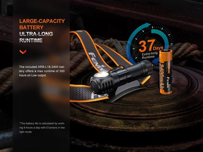 The headlamp showing its battery level indicator light in action, providing real-time battery status.