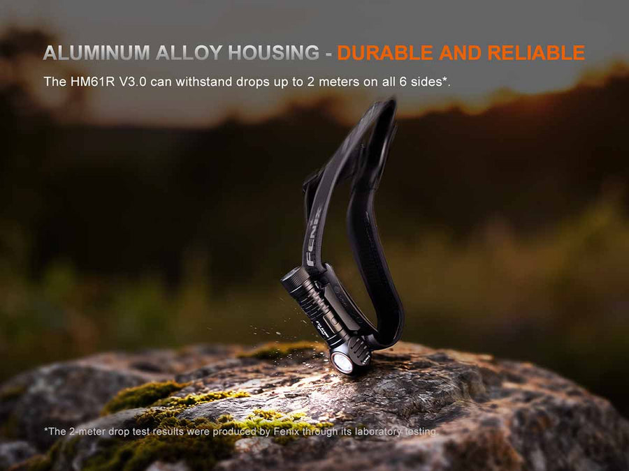 Lighting device on a rock with text about aluminum alloy housing durability